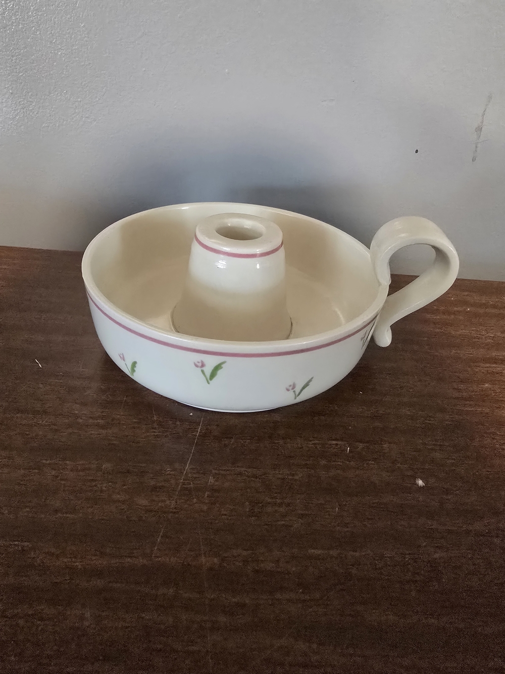 Vintage Teleflora Finger Loop Pink Floral Chamberstick Candle Holder